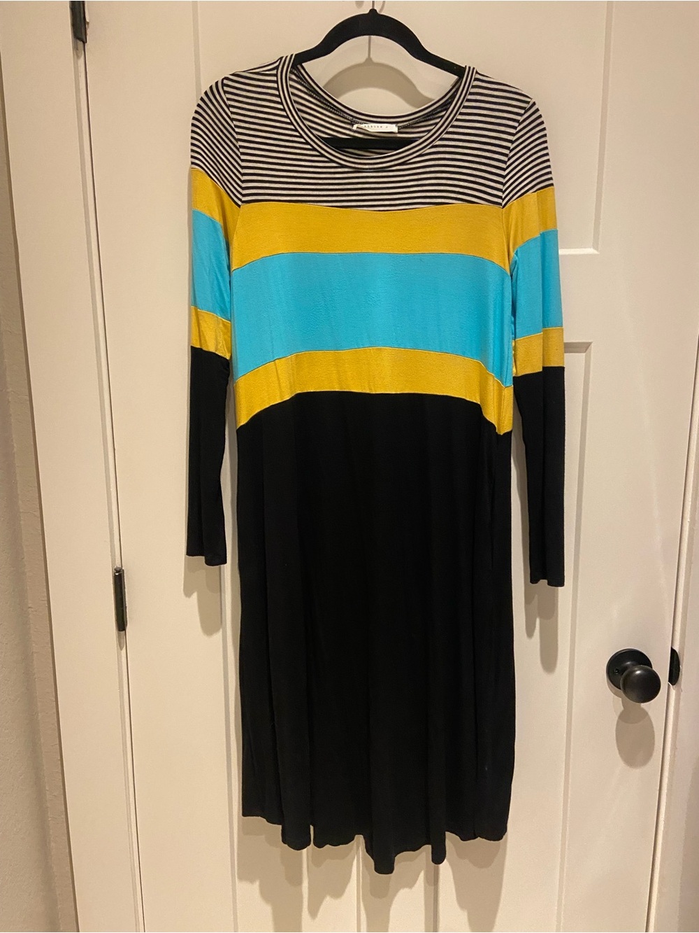 Reborn Striped Colorblock Long Sleeve Dress in Black, Yellow & Turquoise